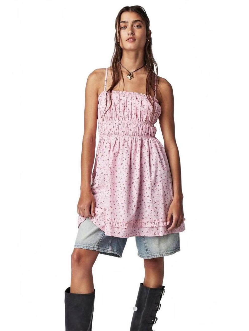 Free People Pink Floral Smocked Mini Dress Cottagecore Coquette Medium